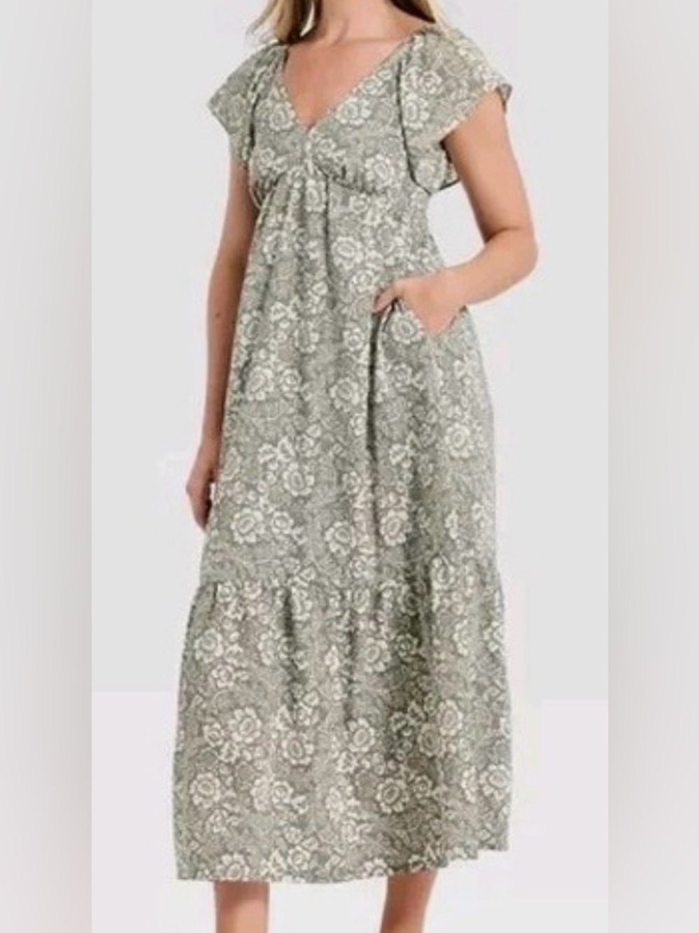 Floral V-Neck Olive Green Maxi Dress